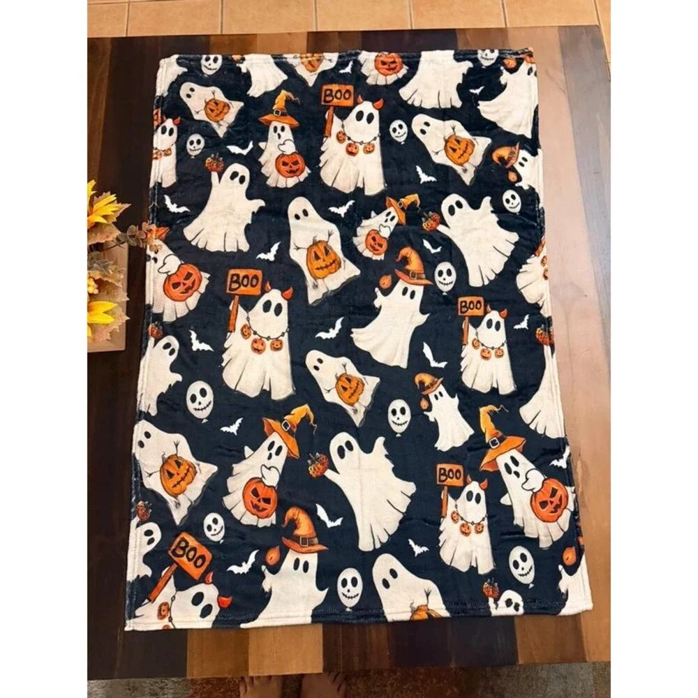 New! Halloween Blanket with Ghosts and Pumpkins